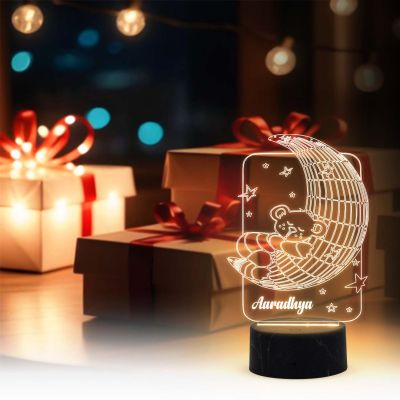 3D Illusion Moon Bear Design Night Lamp with Warm White Light Customized with Name Birthday Gift For Kids & Kids Room Decor